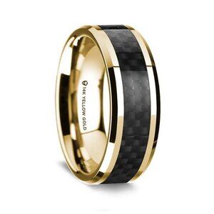14K Yellow Gold Polished Beveled Edges with Black Carbon Fiber, 8mm  Sz 11, New